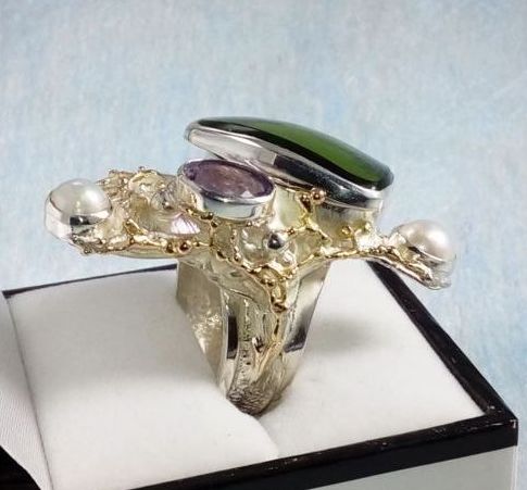 Ring med Klokke Bevegelse 5382, sterlingsølv og gull, ametyst, perle originale håndlaget, Gregory Pyra Piro