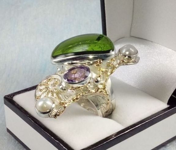 Ring med Ure Bevægelse 5382, sterling sølv og guld, ametist, perle, smykkekunst originale håndlavede, Gregory Pyra Piro