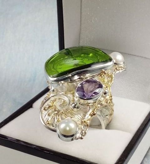 Ring met Kijk Beweging 5382, sterling zilver, goud, amethist, parel, origineel handgemaakt, Gregory Pyra Piro