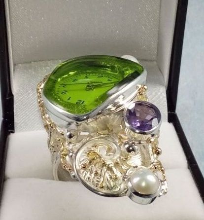 Ring med Ure Bevægelse 5382, sterling sølv og guld, ametist, perle, smykkekunst originale håndlavede, Gregory Pyra Piro