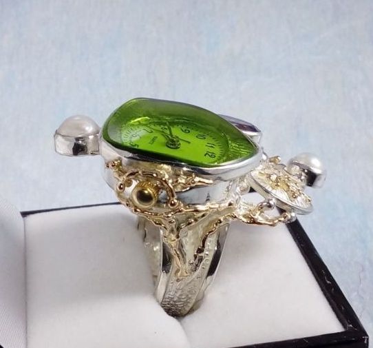 Ring med Klokke Bevegelse 5382, sterlingsølv og gull, ametyst, perle originale håndlaget, Gregory Pyra Piro