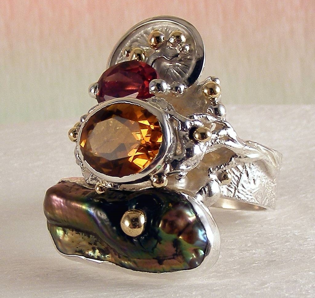 Ring 3292, Sterlingsølv og Gull, Citrin, Granat, Perle, smykkekunst originale håndlaget, Gregory Pyra Piro