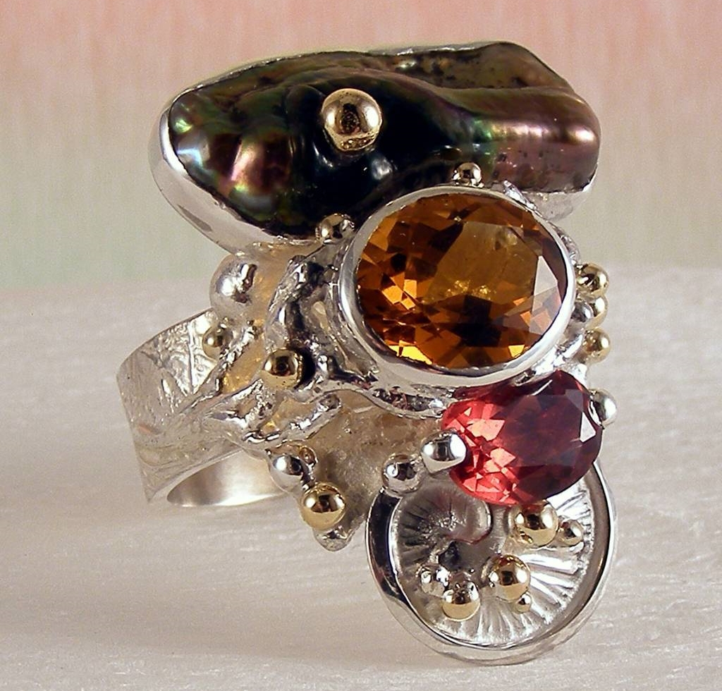 Ring 3292, Sterlingsølv og Gull, Citrin, Granat, Perle, smykkekunst originale håndlaget, Gregory Pyra Piro