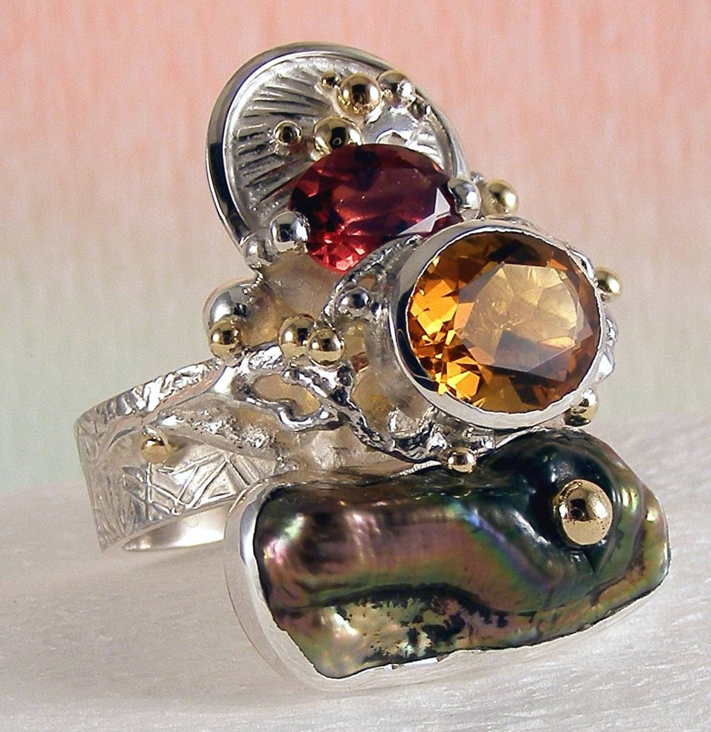 klassisk ring 3292, sterlingsilver, 14 karat guld, citrin, granat, pärla, ursprungliga handgjorda, konstsmycken, bärbar konst, Gregory Pyra Piro