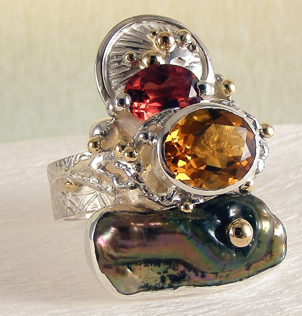 Anello 3292, Argento Sterling e Oro, Citrino, Granato, Perla, moda donna, collezione esclusiva artigianale per la tua moda da indossare, originale fatta a mano, Gregorio Pyra Piro