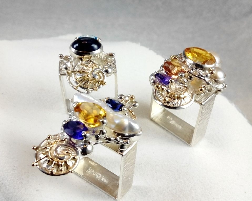 Collection of Square Rings, Bespoke Jewellery, One of a Kind, Original Handcrafted, Gregory Pyra Piro, Sterling Silver, 14k Gold, Natural Gemstones, Pearls