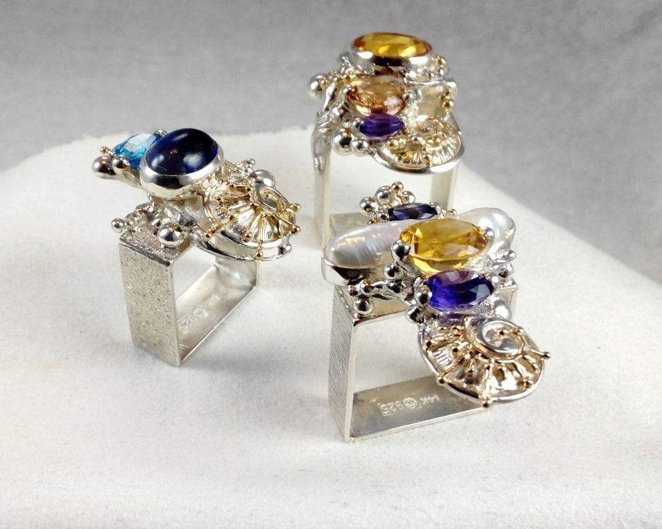 Collection of Square Rings, Bespoke Jewellery, One of a Kind, Original Handcrafted, Gregory Pyra Piro, Sterling Silver, 14k Gold, Natural Gemstones, Pearls