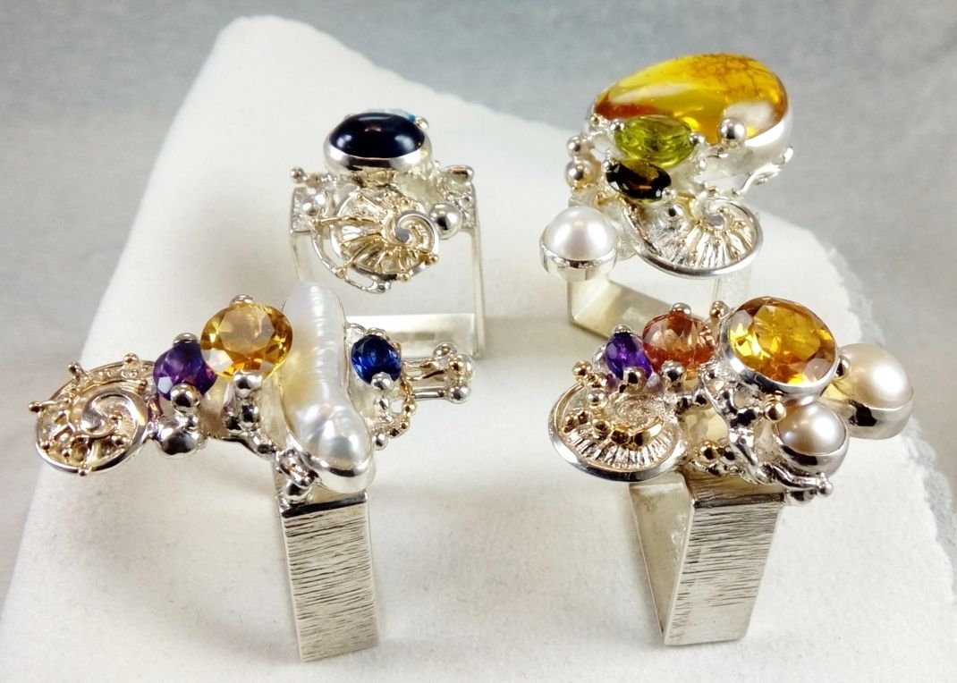 Collection of Square Rings, Bespoke Jewellery, One of a Kind, Original Handcrafted, Gregory Pyra Piro, Sterling Silver, 14k Gold, Natural Gemstones