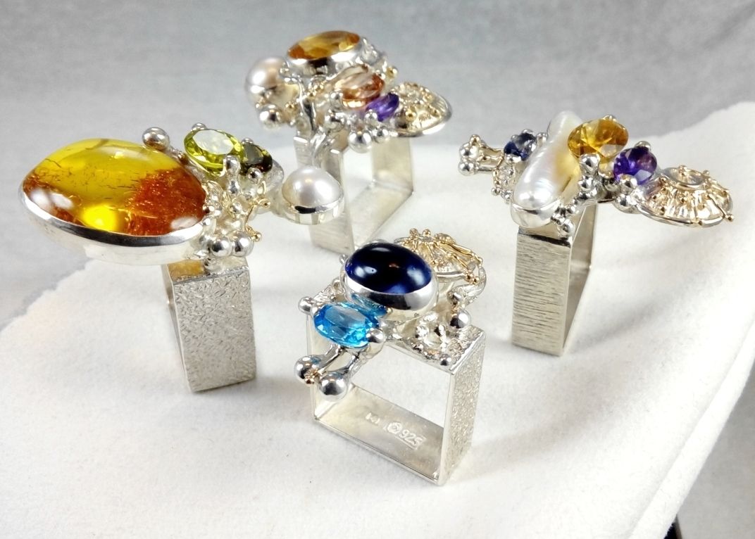 Collection of Square Rings, Bespoke Jewellery, One of a Kind, Original Handcrafted, Gregory Pyra Piro, Sterling Silver, 14k Gold, Natural Gemstones, Pearls