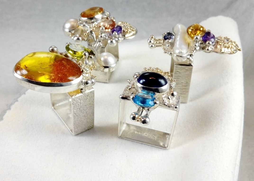 Collection of Square Rings, Bespoke Jewellery, One of a Kind, Original Handcrafted, Gregory Pyra Piro, Sterling Silver, 14k Gold, Natural Gemstones, Pearls, Blue Topaz, Amethyst, rings for women with Watch Movement
