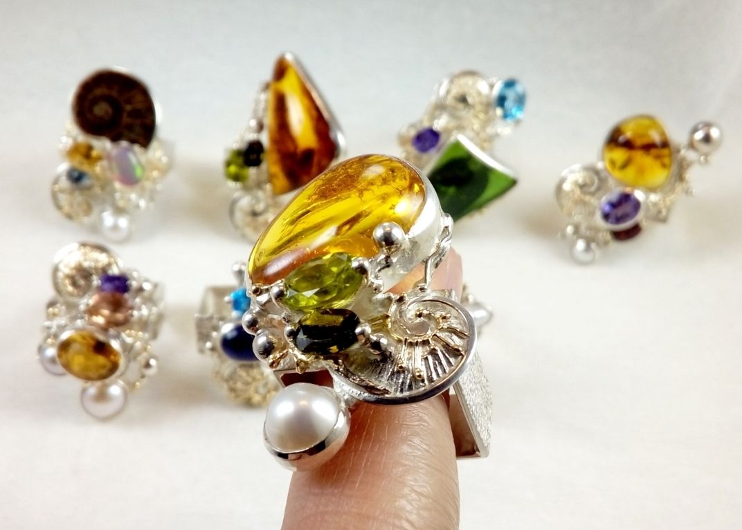 Collection of Square Rings, Bespoke Jewellery, One of a Kind, Original Handcrafted, Gregory Pyra Piro, Sterling Silver, 14k Gold, Natural Gemstones, Pearls, Amber, Peridot, Green Tourmaline