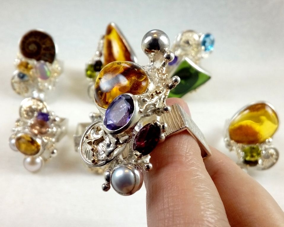 Collection of Square Rings, Bespoke Jewellery, One of a Kind, Original Handcrafted, Gregory Pyra Piro, Sterling Silver, 14k Gold, Natural Gemstones, Amber, Amethyst, Garnet