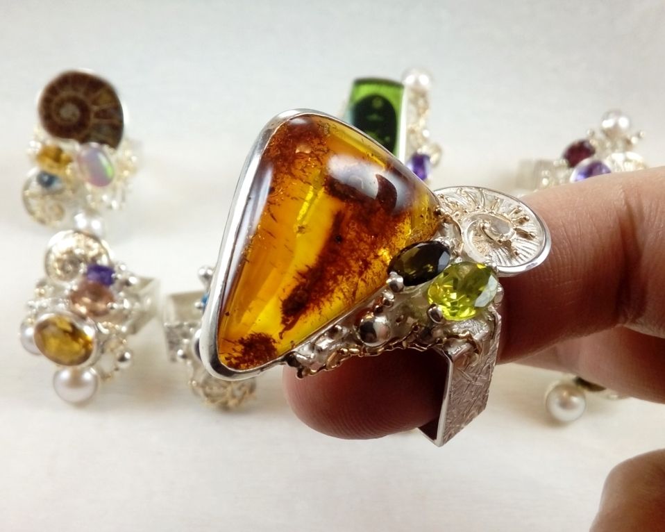 Collection of Square Rings, Bespoke Jewellery, One of a Kind, Original Handcrafted, Gregory Pyra Piro, Sterling Silver, 14k Gold, Natural Gemstones, Pearls, Amber, Green Tourmaline, Peridot