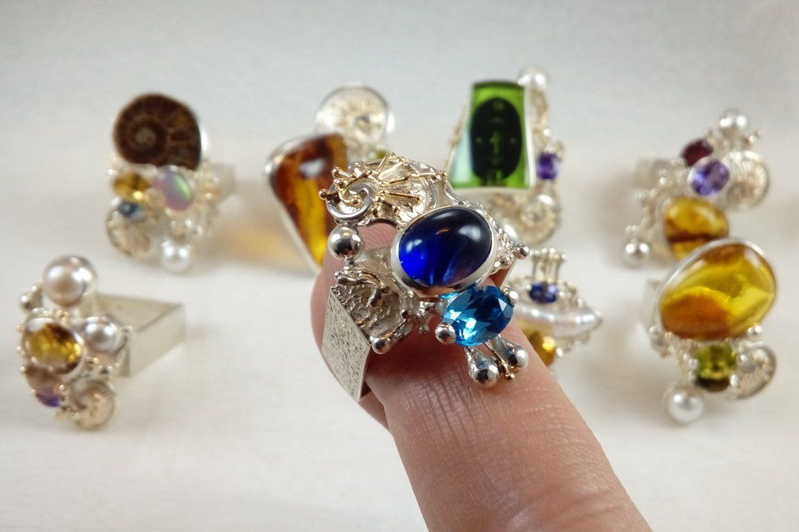 Collection of Square Rings, Bespoke Jewellery, One of a Kind, Original Handcrafted, Gregory Pyra Piro, Sterling Silver, 14k Gold, Natural Gemstones, Blue Topaz, Moonstone