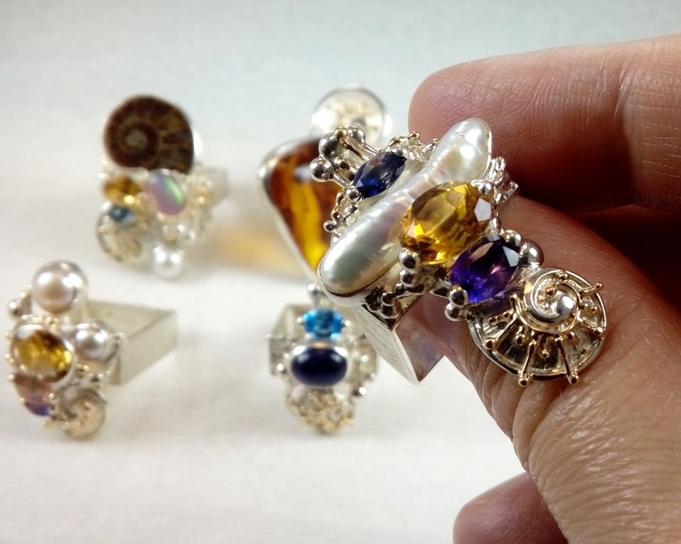 Collection of Square Rings, Bespoke Jewellery, One of a Kind, Original Handcrafted, Gregory Pyra Piro, Sterling Silver, 14k Gold, Natural Gemstones, Pearls, Iolite, Amethyst, Citrine
