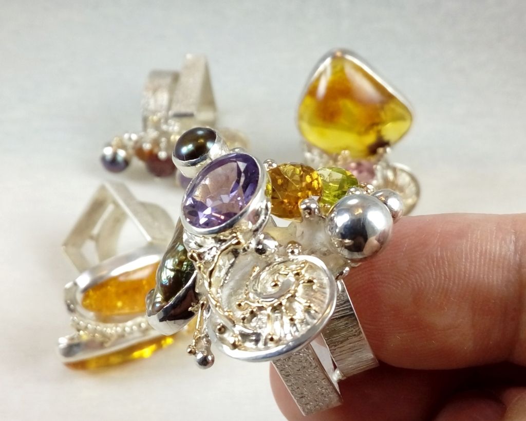 silver and gold reticulated jewellery with amethyst, Peridot, Citrine, Collection of Cyber Rings, Bespoke Jewellery, One of a Kind, Original Handcrafted, Gregory Pyra Piro, Sterling Silver, 14k Gold, Natural Gemstones, Pearls