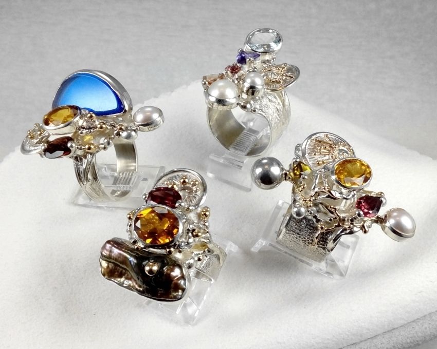 Collection of Rings, Bespoke Jewellery, One of a Kind, Original Handcrafted, Gregory Pyra Piro, Sterling Silver, 14k Gold, Natural Gemstones, Pearls