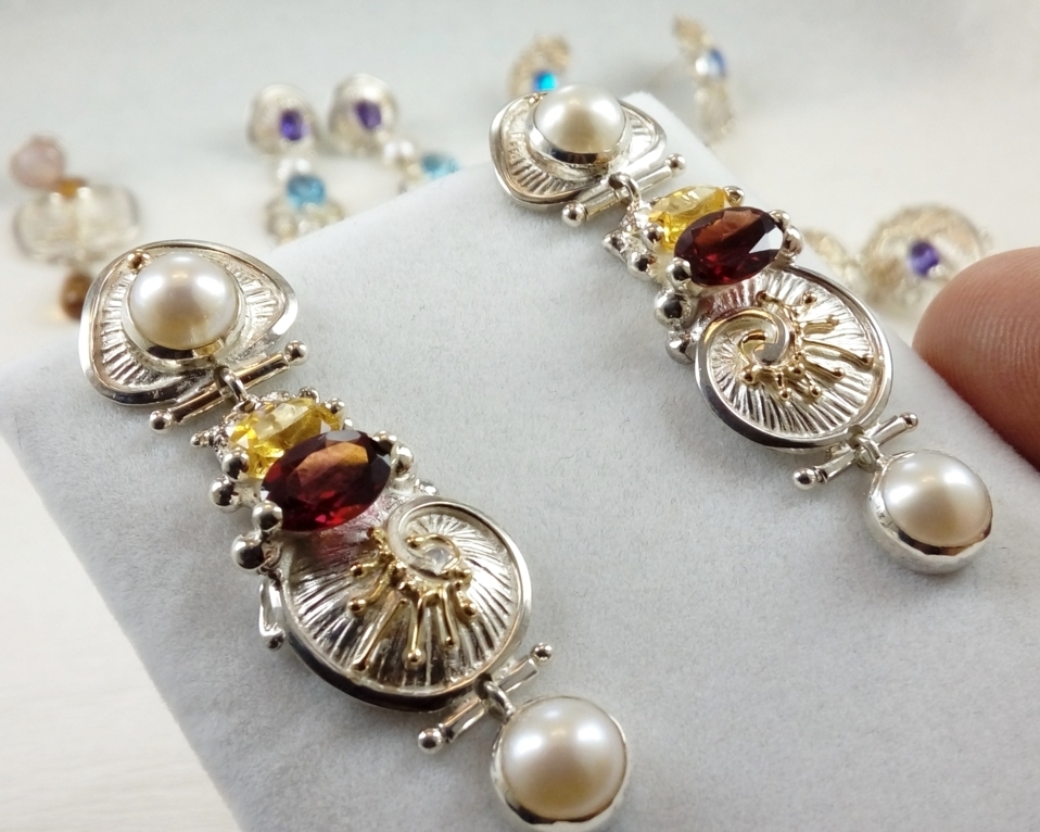 Citrine, Grenat, Collection de Boucles d'Oreilles, Bijoux de Créateur Gregory Pyra Piro, Bagues de Créateur, Argent Massif, Or 585, Pierres Précieuses, Pierres Naturelles, Perles