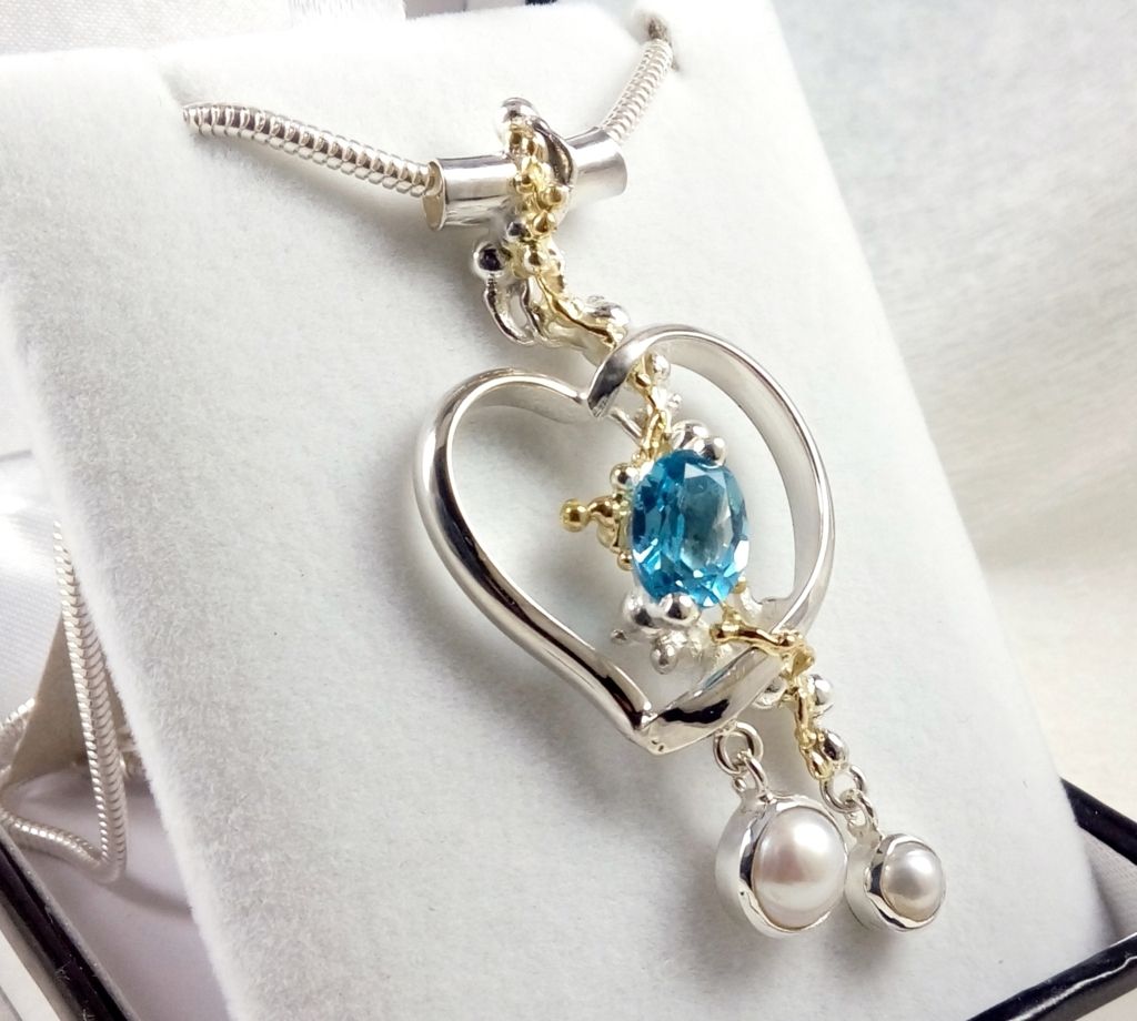 gregorio pyra piro, colgante corazón 5391, plata de ley, oro 14k, topacio azul, perlas, colgante hecho a mano