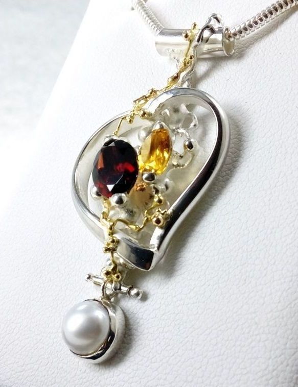 gregory pyra piro, heart pendant #5392, sterling silver, 14 karat gold, garnet, citrine, pearl, original handcrafted