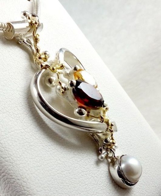 gregorio pyra piro, colgante corazón 5392, plata de ley, oro 14k, granate, citrino, perla, colgante hecho a mano