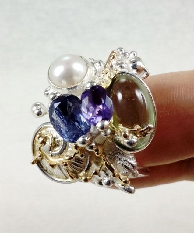 Gregory Pyra Piro čtvercový prsten čís. 4821, vyrobený originální presten, prsten s iolitem a fluoritem, prsten s ametystem a perlou, ručně vyráběné šperky ze stříbra a zlata