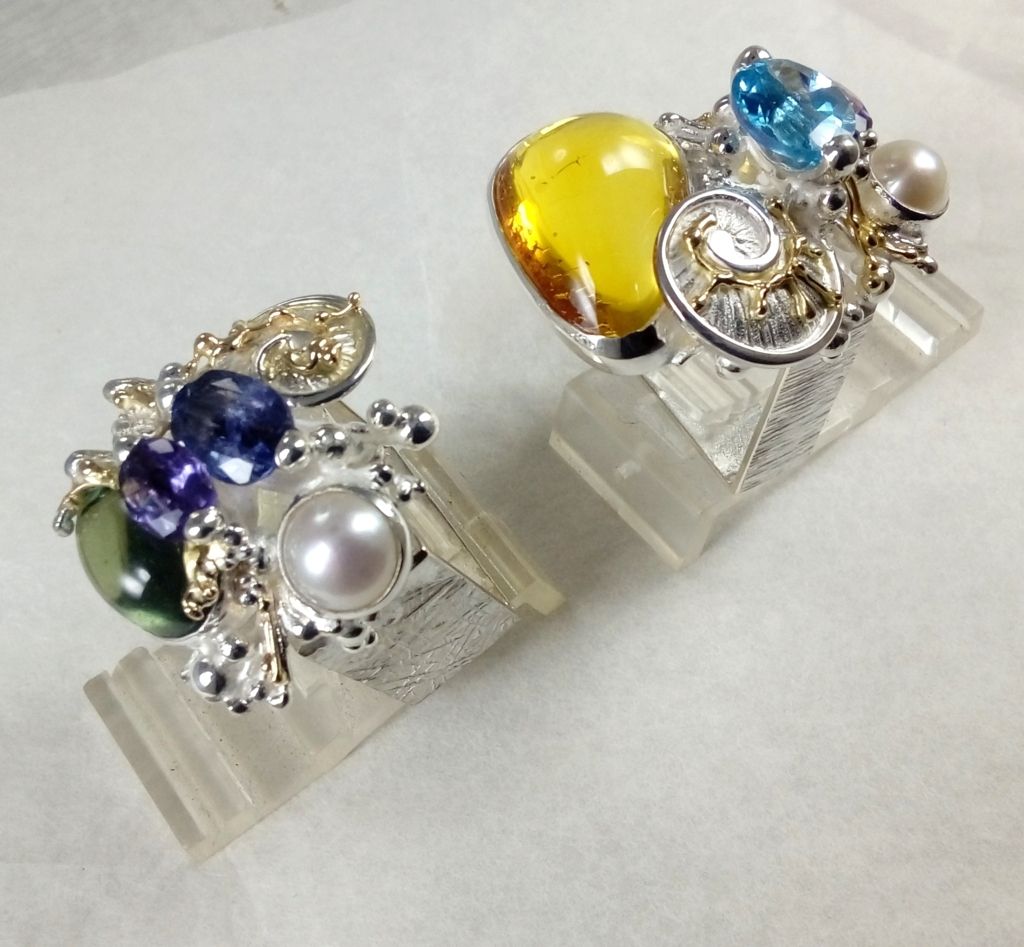 Gregory Pyra Piro firkantede ringer, originale håndlagde ringer, sterling silver, 14 karat gull, naturlige edelstener, perler