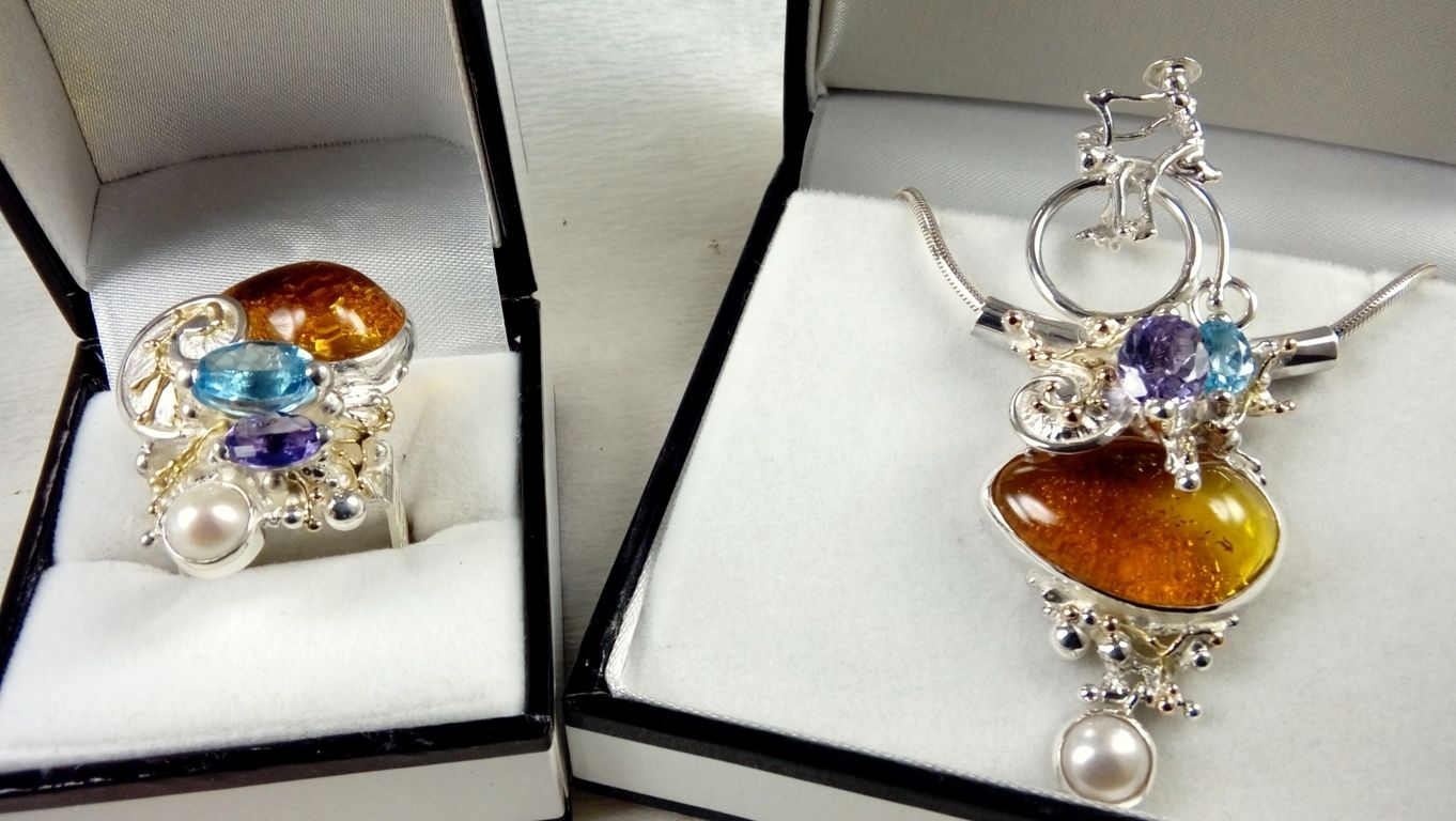 Gregory Pyra Piro smycken set, ursprungliga handgjorda, sterling silver, 14 karat guld, blå topas, ametist, bärnsten, pärla