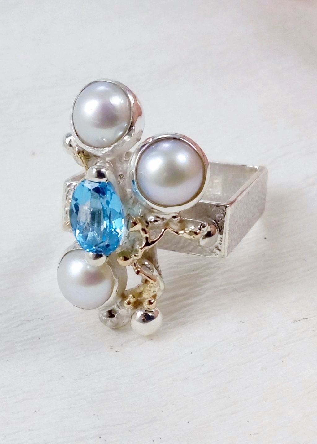 designer jewellery and handmade artisan jewellery at auctions and in galleries, Gregory Pyra Piro artian reticulated mixed metal square ring #8391, designer jewellery and fine jewellery at auctions, ring in sterling silver, ring in 14 karat gold, ring with blue topaz, ring with pearls