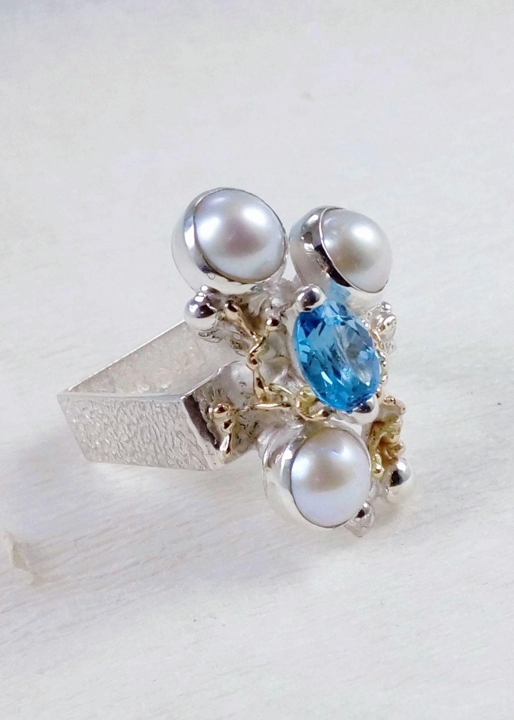 designer jewellery and handmade artisan jewellery at auctions and in galleries, Gregory Pyra Piro artian reticulated mixed metal square ring #8391, designer jewellery and fine jewellery at auctions, ring in sterling silver, ring in 14 karat gold, ring with blue topaz, ring with pearls