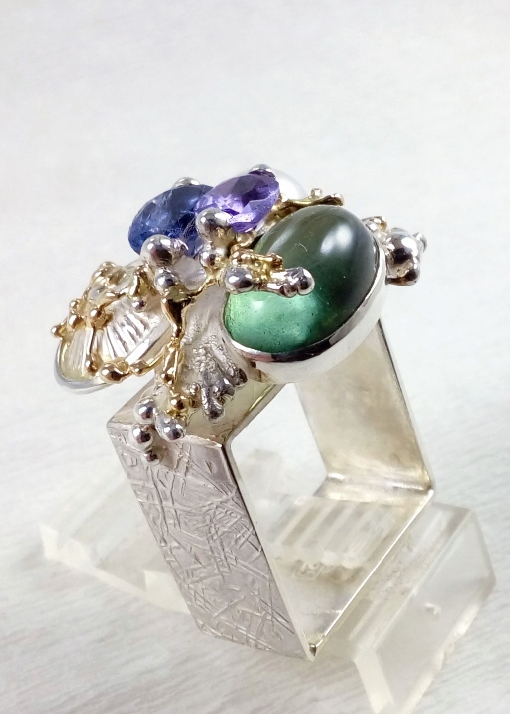 Gregory Pyra Piro fyrkantig ring 4821, ursprungliga handgjorda, sterling silver, 14 karat guld, iolit, ametist, fluorit, pärla