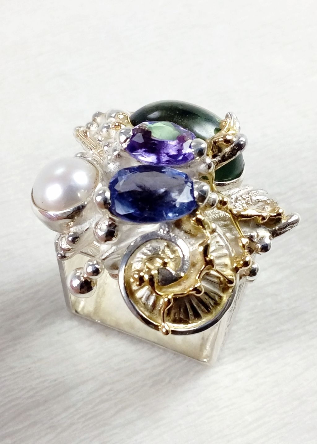 Gregory Pyra Piro fyrkantig ring 4821, ursprungliga handgjorda, sterling silver, 14 karat guld, iolit, ametist, fluorit, pärla