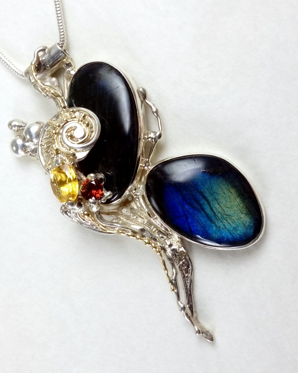 one of a kind pendant #35843, sterling silver, 14 karat gold, labrodirite, garnet, citrine, gregory pyra piro