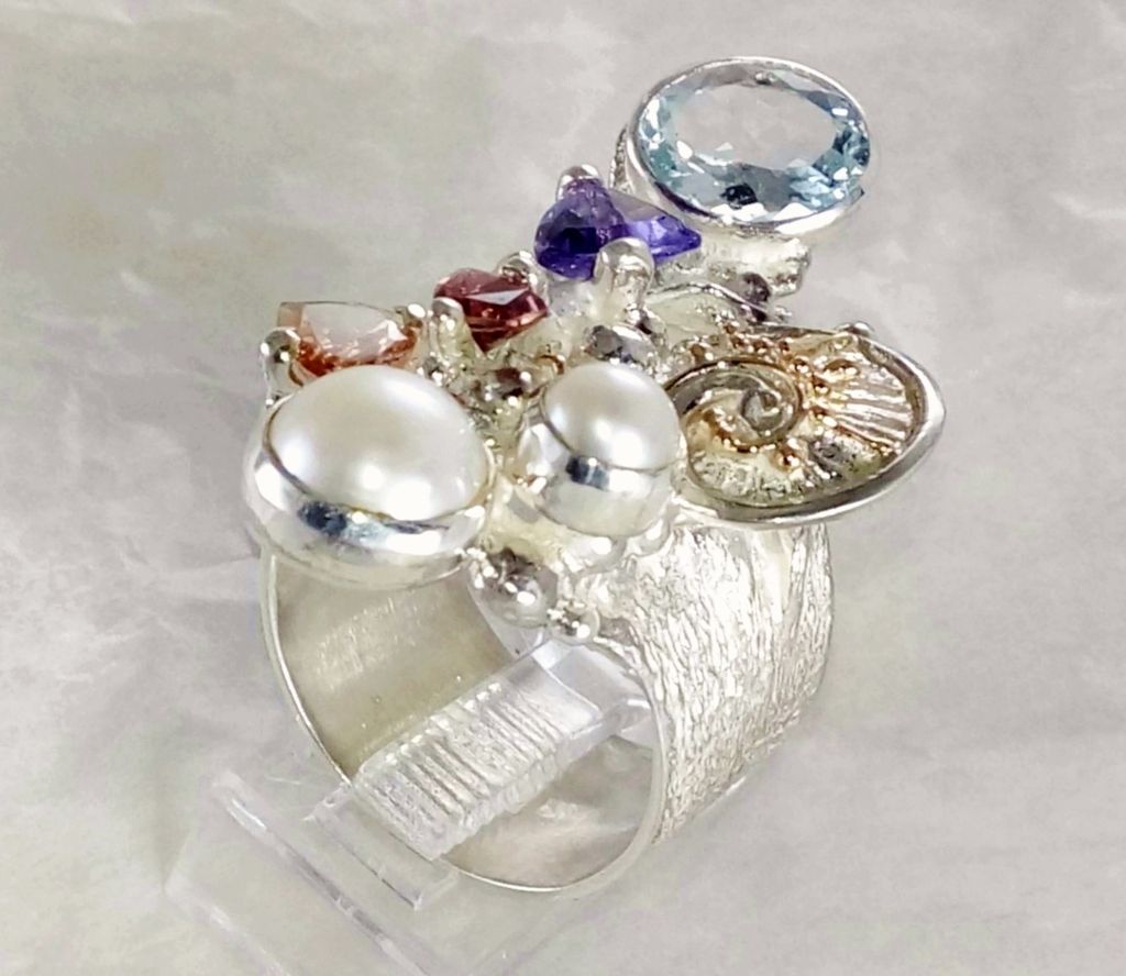 klassisk Ring 2050, sterlingsilver, 14 karat guld, ametist, granat, citrin, pärla, blå topas, ursprungliga handgjorda, konstsmycken, bärbar konst, Gregory Pyra Piro