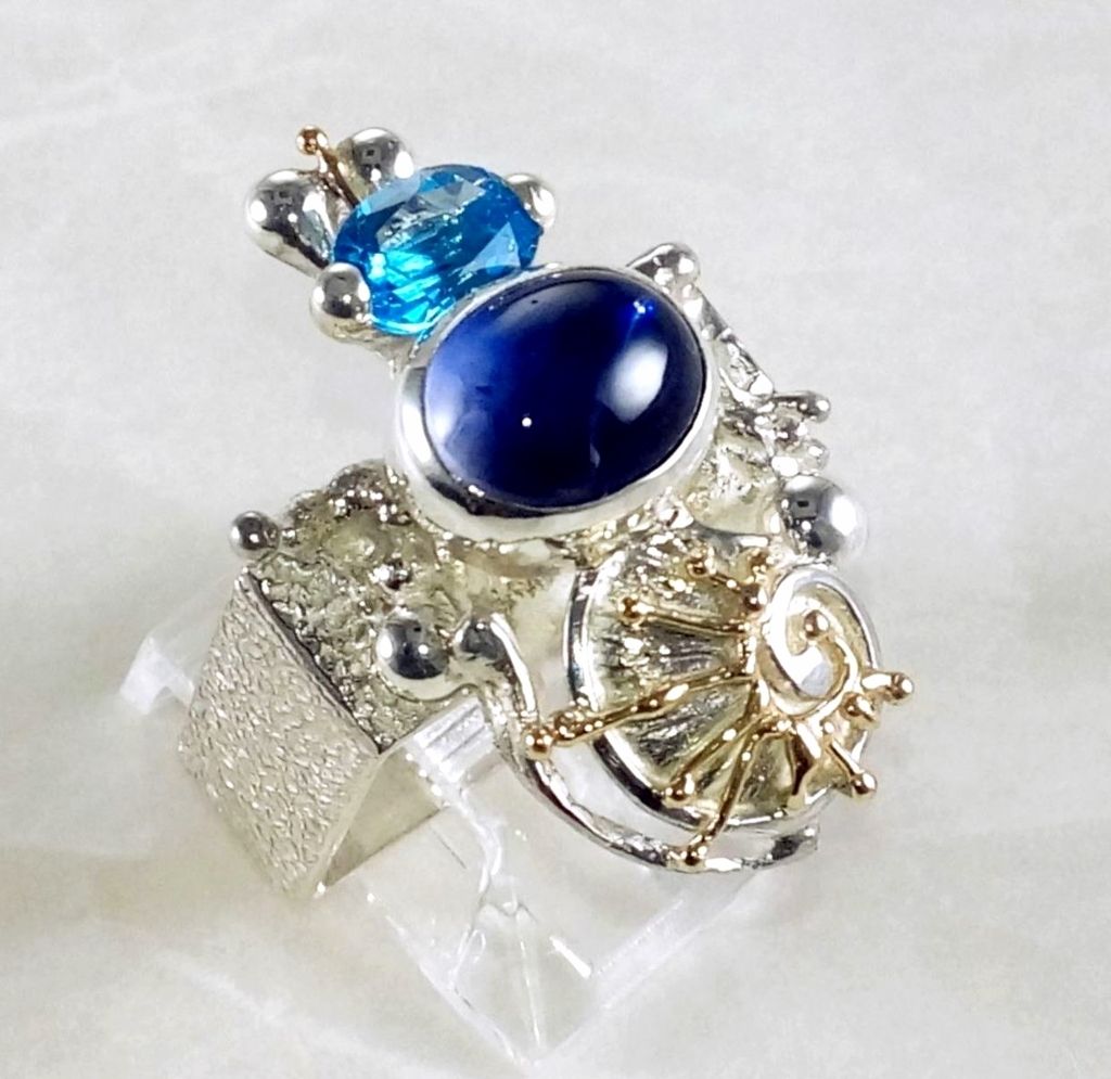 Vierkante Ring 1625, Sterling Zilver, Goud, Ioliet, Blauwe Topaas, Origineel Handgemaakt, Gregory Pyra Piro