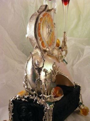 Gregory Pyra Piro Clock Sculpture in Oakwood, Sterling Silver, 14 Karat Gold, and Enamel with Nautilus Shell, Drusy, Amber, Facet Cut Garnet, Facet Cut Peridot, and Pearls