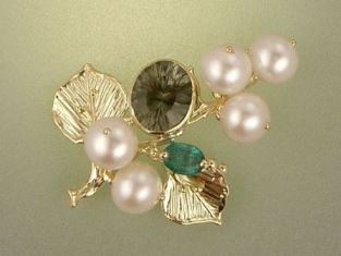 Gregory Pyra Piro Collier Broche en Or 750 avec Perles, Tourmaline Verte, et Em&eacute;raude