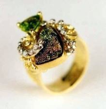 Gregory Pyra Piro Bague Or 750 avec Tourmaline Verte, Diamants, et Druse