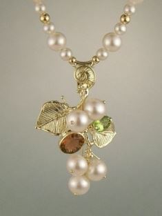 Gregory Pyra Piro Collier Broche en Or 750 avec Perles, Tourmaline Rose, et Péridot