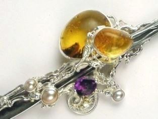 Gregory Pyra Piro Coupe-papier, Acier, Argent Massif, et Or 580 avec Ambre, Améthyste, et Perles