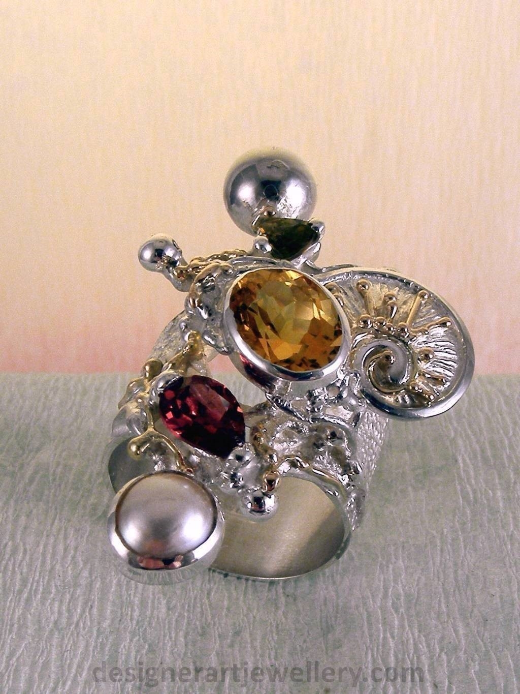 wearable art jewelry, jewelry to wear, jewelry made to orderGregory Pyra Piro ring 9435, rings for women with citrine and garnet, sterling silver and gold mixed metal jewellery, rings for women with citrine and green tourmaline, rings for women with garnet and pearl, rings for women with tourmaline and pearl, handcrafted jewelry and rings sold in art and craft galleries, jewellery auctions with rings and collectibles shown in trade fairs and jewelry shows