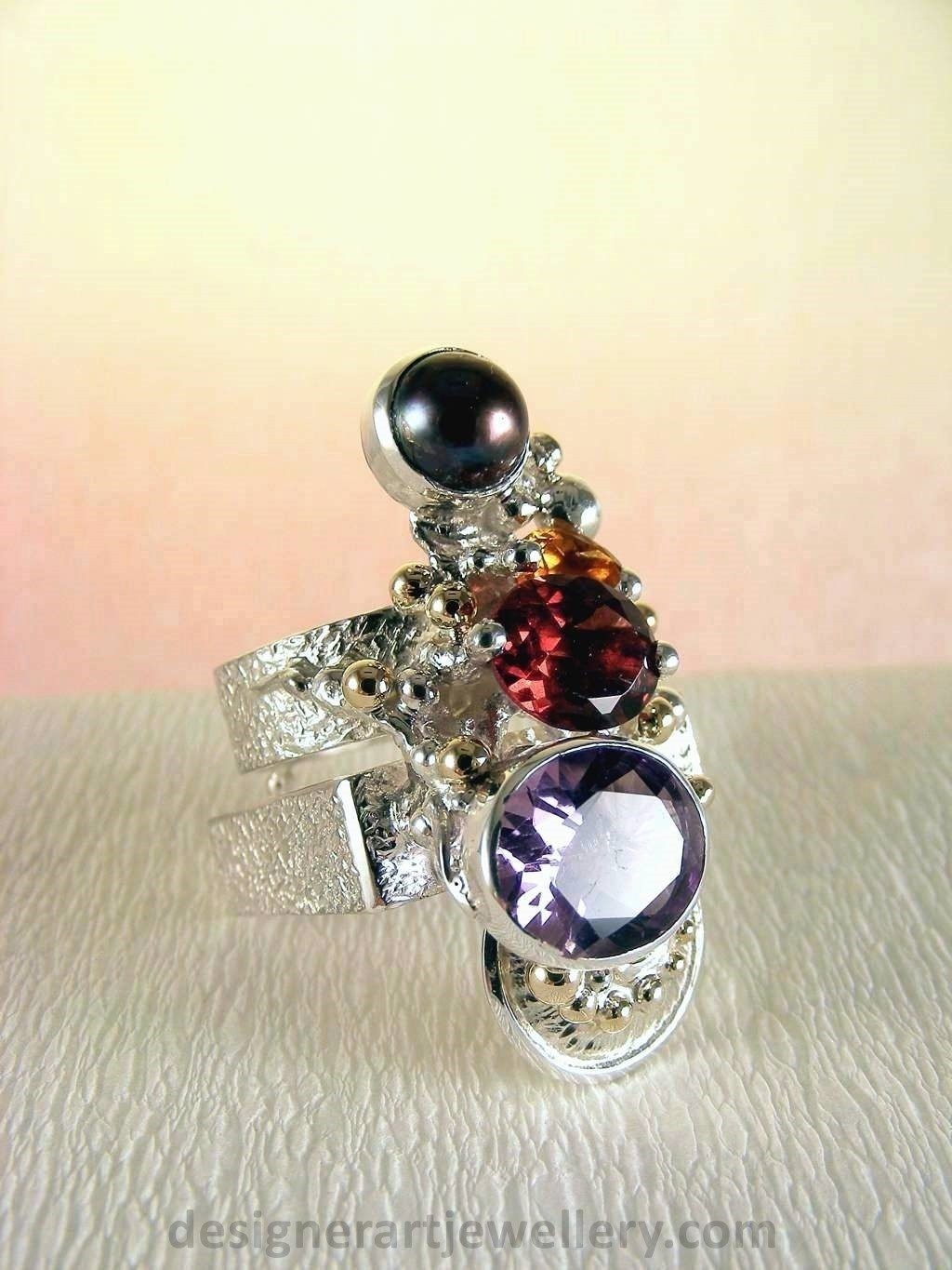 gregory pyra piro håndlavet ring 2631, ring med ametyst, ring med granat, ring med perler, sølv og guld smykker, sølv og guld ring sølv og guld med ædelstene ring Nr. 2631