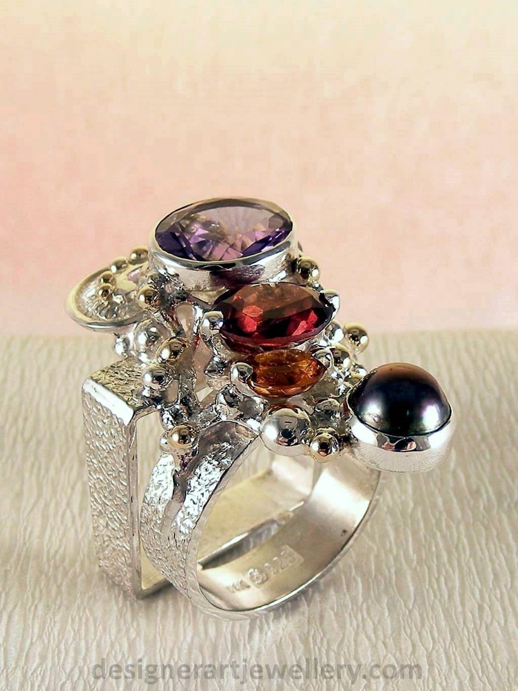 gregory pyra piro håndlavet ring 2631, ring med ametyst, ring med granat, ring med perler, sølv og guld smykker, sølv og guld ring sølv og guld med ædelstene ring Nr. 2631