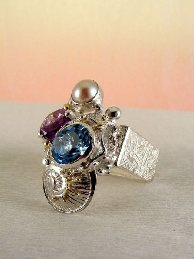 artisan handcrafted ring, one of a kind ring, sterling silver and 14 karat gold ring, gregory pyra piro rings and art jewelry, gregory pyra piro one of a kind ring 2855