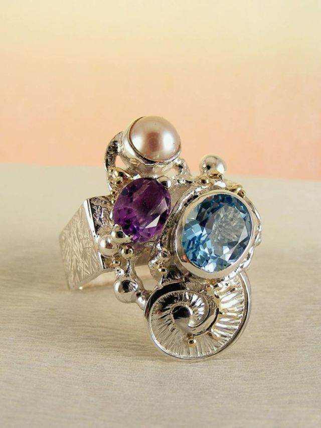 artisan handcrafted ring, one of a kind ring, sterling silver and 14 karat gold ring, gregory pyra piro rings and art jewelry, gregory pyra piro one of a kind ring 2855