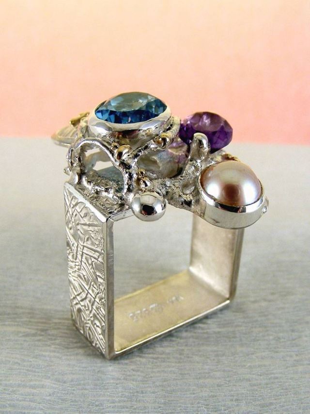 artisan handcrafted ring, one of a kind ring, sterling silver and 14 karat gold ring, gregory pyra piro rings and art jewelry, gregory pyra piro one of a kind ring 2855