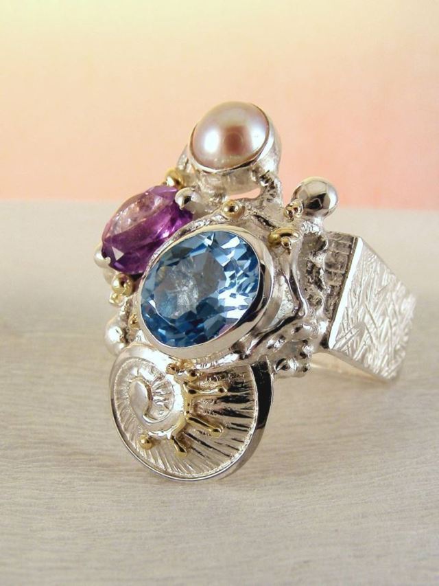 artisan handcrafted ring, one of a kind ring, sterling silver and 14 karat gold ring, gregory pyra piro rings and art jewelry, gregory pyra piro one of a kind ring 2855