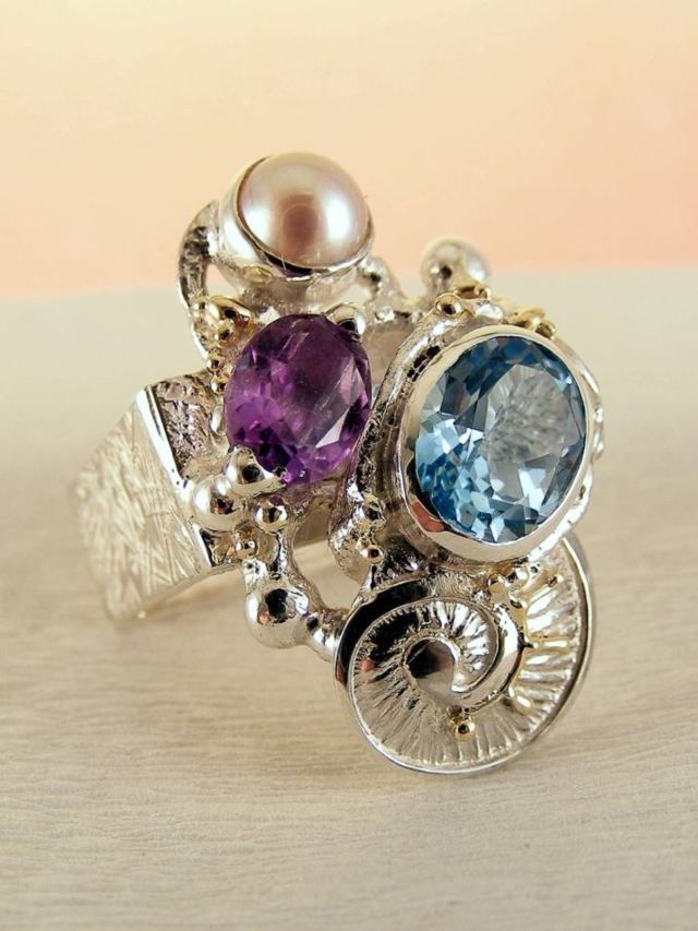 artisan handcrafted ring, one of a kind ring, sterling silver and 14 karat gold ring, gregory pyra piro rings and art jewelry, gregory pyra piro one of a kind ring 2855
