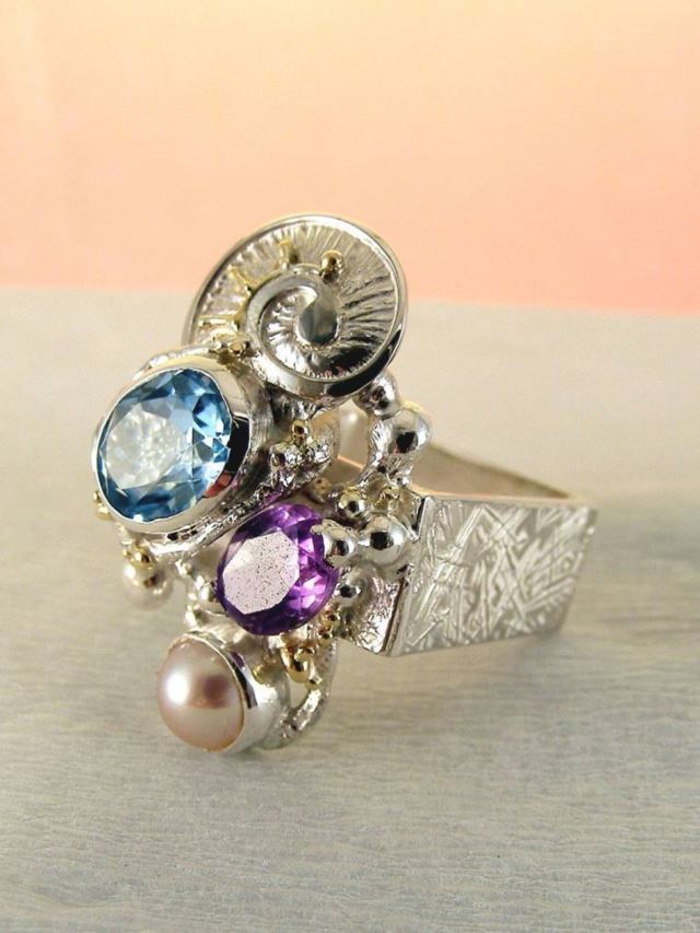 artisan handcrafted ring, one of a kind ring, sterling silver and 14 karat gold ring, gregory pyra piro rings and art jewelry, gregory pyra piro one of a kind ring 2855