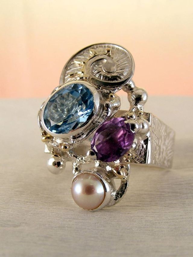 artisan handcrafted ring, one of a kind ring, sterling silver and 14 karat gold ring, gregory pyra piro rings and art jewelry, gregory pyra piro one of a kind ring 2855